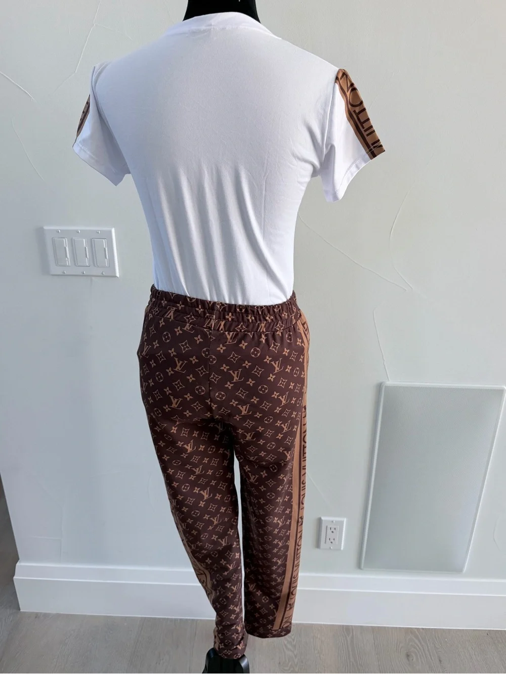 Stylish Brown Monogram Side-Stripe Women’s Pants and matching T shirt size M